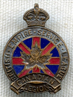 Early Canadian Veteran's Org. #'d Lapel Badge. British Empire Service League Canadian Legion
