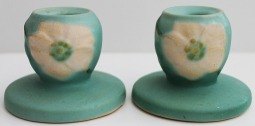 Pair Early 1930's Hand-Painted Weller Wild Rose or Dogwood Candlestick Holders Signed by Artist