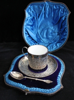 Stunning, Cased, Monogrammed 1888 London Sterling Ceramic Lined Christening Cup & Spoon Set