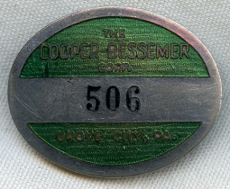 Beautiful 1930's Cooper-Bessemer Corporation Worker's Badge in Enameled Nickel Plated Brass