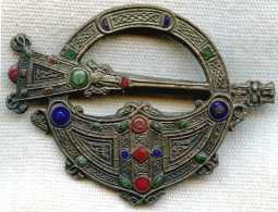 Elaborate Vintage 1920's - 1930's Silvered Brass Celtic Brooch with Enamel