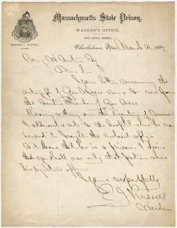 Cool 1887 Letter from Charlestown, Massachusetts State Prison Signed by Warden (Ex-Civil War Capt.)