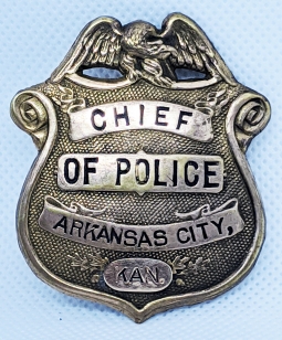 Great Old West Ca 1900s - 10s Arkansas City Kansas Police Chief Hand Stamped Gold Front Badge