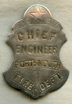Wonderful 1860's - 1870's Portsmouth, NH Fire Dept. Chief Engineer Badge