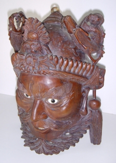 1920s-1930s Chinese Carved Rosewood Mask with Bone, Shell & Glass
