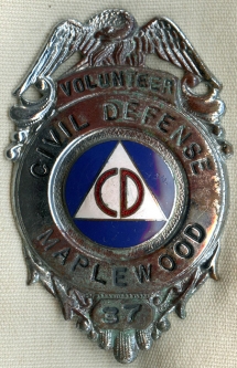 1960's Maplewood, Minnesota Civil Defense Volunteer Badge. Nice Convex Enamel 'CD' Seal