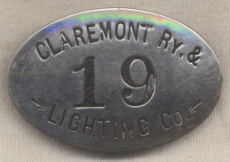 Great Early 1900s Claremont (Street) Railway & (Electric) Lighting Co (New Hampshire) Employee Badge