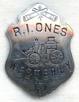 Large Coin Silver "R.I. Ones" Fire Badge from Westerly, Rhode Island