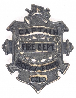 Great Old 1890's Rocky Ford, Colorado Fire Captain Badge in Enameled Coin Silver