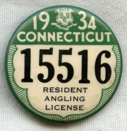 1934 Connecticut Resident Angling (Fishing) Celluloid License Badge
