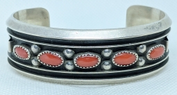 Great 1970s Navajo Silver & Coral Bracelet by Jackie Singer. Early 1st Type mark