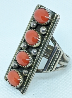 Ca Late 1970's Early Work by Navajo Artist David Tune Silver & Coral Ring in Traditional Style. Size
