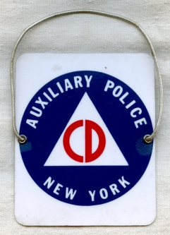 Cold War Era-1950s NY Civil Defense Auxiliary Police Celluloid Arm Badge
