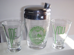 Wonderful 1930s Dartmouth College Shaker Set with Matching Deco "You" & "Me" Glasses