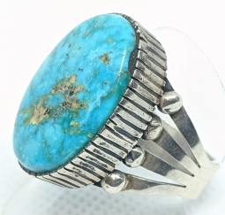 Wonderful Vintage Navajo Silver & Turquoise, Mountain Turquoise Ring by Delbert Chatter Sz 10.5