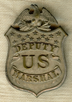Beautiful 1880-90s Deputy US Marshal Badge with "The Look" Silver Plated Die-Stamped Brass
