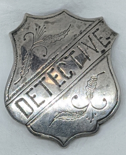 Large Beautiful Old West Hand Engraved Detective Shield Shape Badge Circa 1880s - 1890s