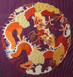 Beautiful 1920's - 1930's Chinese Silk Hand-Embroidery of Two Dragons Battling Over Orb