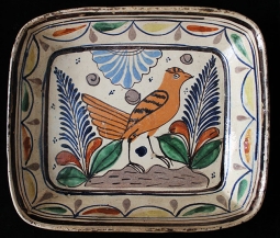 Great Early 20th Century Redware Baking Dish with Colorful Bird Motif & Mexican Maker Mark