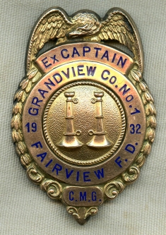 Beautiful 1932 Fairview NJ Grandview Fire Co Number 1 Ex-Captain Badge by Braxmar
