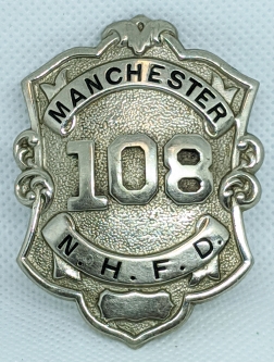 Ca 1930s - 1940s Manchester NH Fire Department Badge #108