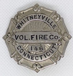 Great Old Ca 1910's Whitneyville Volunteer Fire Company Badge from Hamden CT