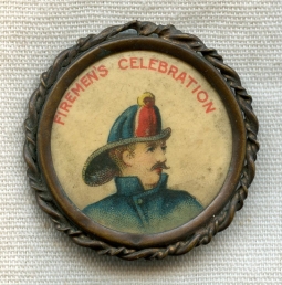 Rare, Early (1880s-Early 1890s) "Firemen's Celebration" Celluloid Pin in Bronze Frame