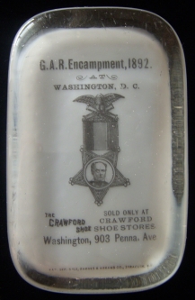 Great 1892 GAR Encampment Souvenir/Advertising Glass Paperweight for Crawford Shoe (D.C.)