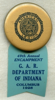 Rare, Late GAR 49th Encampment, 1928 Celluloid Badge in Combination with American Legion