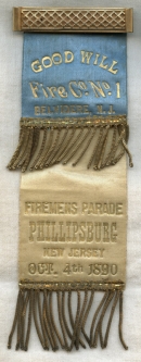 Nice 1890 Parade Ribbon for Goodwill Fire Co. No. 1 of Belvidere, New Jersey at Phillipsburg