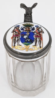 Lovely 1866 Dated Glass 2.5 Liter German Beer Stein with Hand Painted Porcelain insert Coat of Arms