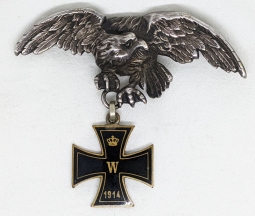 Lovely Early WWI German Patriotic Badge with Eagle Holding on enameled Iron Cross.