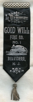 Mint 1890s Goodwill Fire Co. No. 1 of Belvidere, New Jersey Funerary Procession Memorial Ribbon