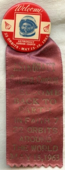 Great 1963 "Welcome Gordon Cooper Back to Earth" Celluloid & Rayon Parade Ribbon