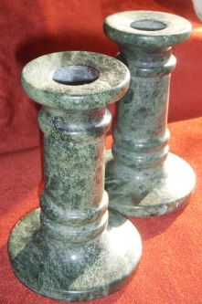 Beautiful Old Pair of Green Marble Pillar Candlesticks with Felted Bottoms
