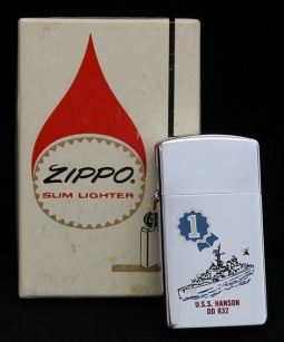 1967 USN Slim Zippo Factory Engraved Ship Lighter USS Hanson DD-832. Near Mint in Original Box