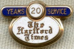 Nice 1930's - 40's Hartford Times (Connecticut) 20 Year Service Pin in 10K Gold