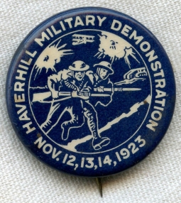 Great 1923 Military Demonstration (Featuring Biplane) Celluloid Pin from Haverhill, Massachusetts