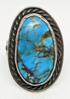 Wonderful Huge, Old Pawn 1940s-50s Navajo Silver Ring with Morenci Turquoise Sz 13.5