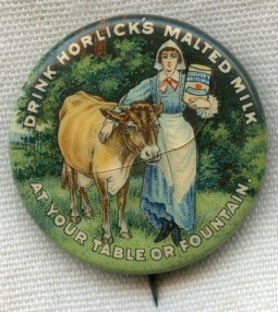 Circa 1900 Horlicks Malted Milk Advertising Litho Celluloid Pin by Whitehead & Hoag