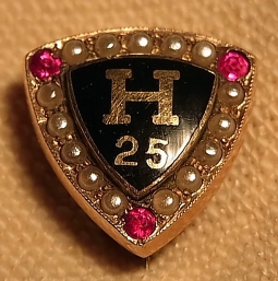 Unknown "H" 25 Years Service Pin in 10K Gold with Pearls & Rubies.