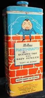 Wonderful Vintage 1920's - 30's McNess Humpty Dumpty Baby Powder Tin with Nursery Rhyme