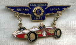 Great 1971 Indiana Lions Club Las Vegas Convention Badge with Indy 500 Race Car