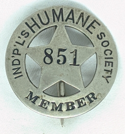 Circa 1910's - 1920's Indianapolis Human Society Member Badge #851.