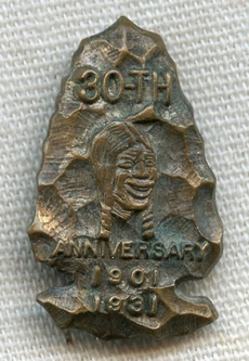 Rare 1931 Indian Motocycles 30th Anniversary Promo Arrowhead Pin with Laughing Indian Logo
