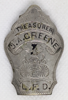 Lovely, 1890's Laconia NH Fire Badge for the Treasurer of the J.A. Greene hose Co. #1