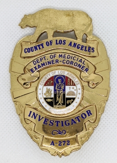1980's - 90's Los Angeles Co Investigator Badge. Dept. of Medicial Ex & Coroner