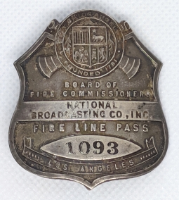 Beautiful Sterling Silver Ca 1930 Los Angeles Fire Line Pass #1093 Issued to a Reporter from NBC