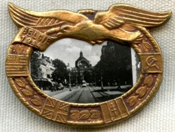 WWII Belgian Liberation Pin from 1944 US, USSR, UK, & Free French Flags - Brussels Street Scene