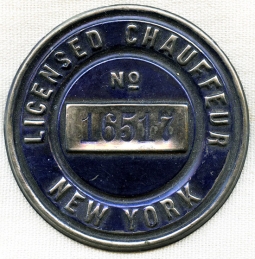 Rare 1910 New York Chauffeur Badge in Exceptional Condition. Rarest of the 3 Undated NY Badges
